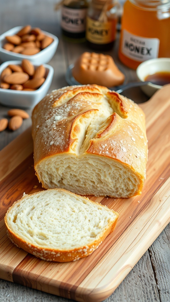 A loaf of gluten-free almond flour bread on a cutting board with slices cut, surrounded by almonds and honey.